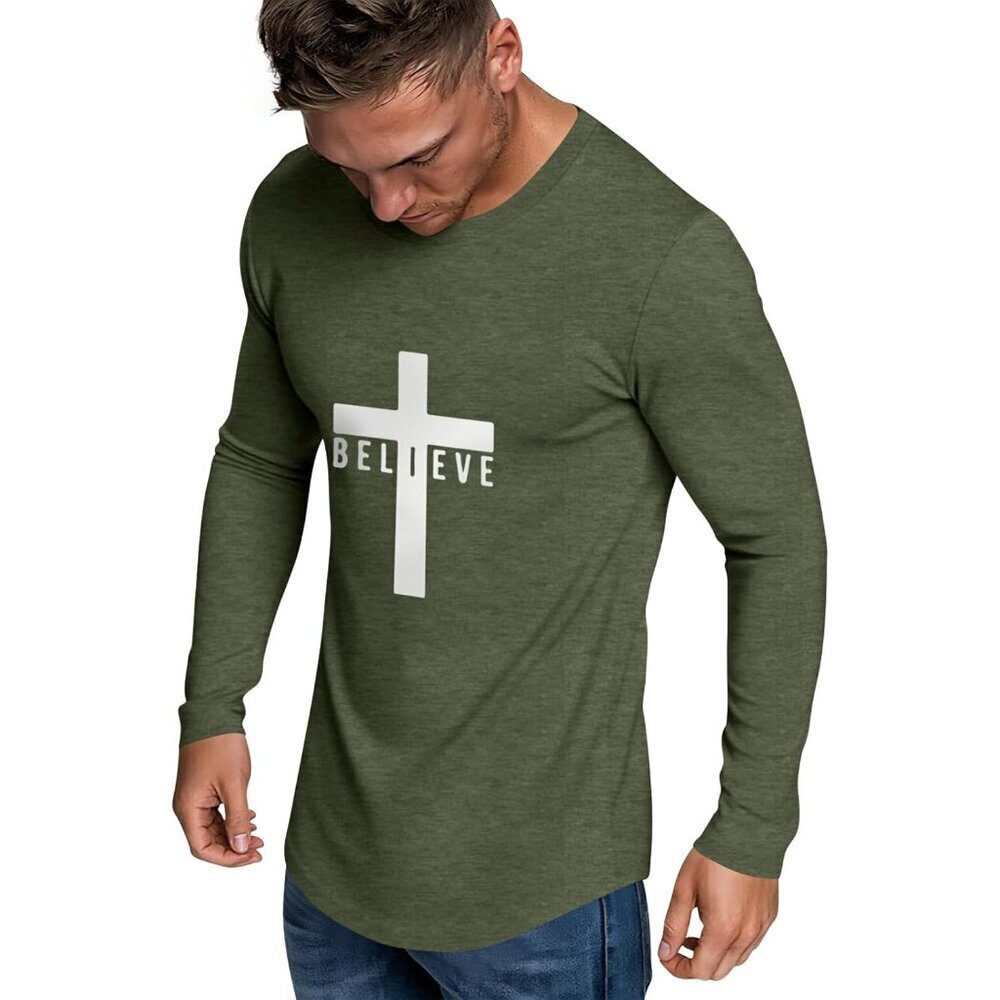Men's Long Sleeve Crewneck Graphic Tee Believe Cross Print Christian Shirts Work